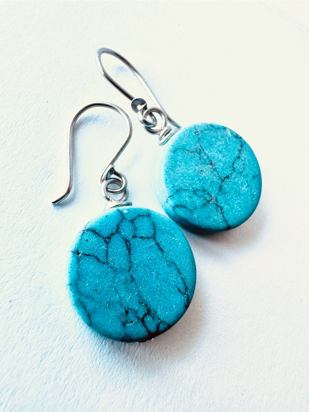 Turquoise Stone Drop Earrings - Blue Round Dangle Earrings